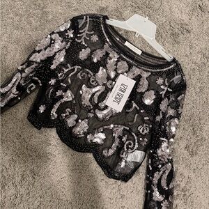 12th Tribe Sequins Black Sheer Lace Blouse